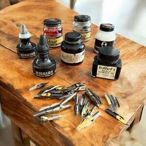 Vintage Fountain Pen Tips & Ink Bottle Lot Higgins